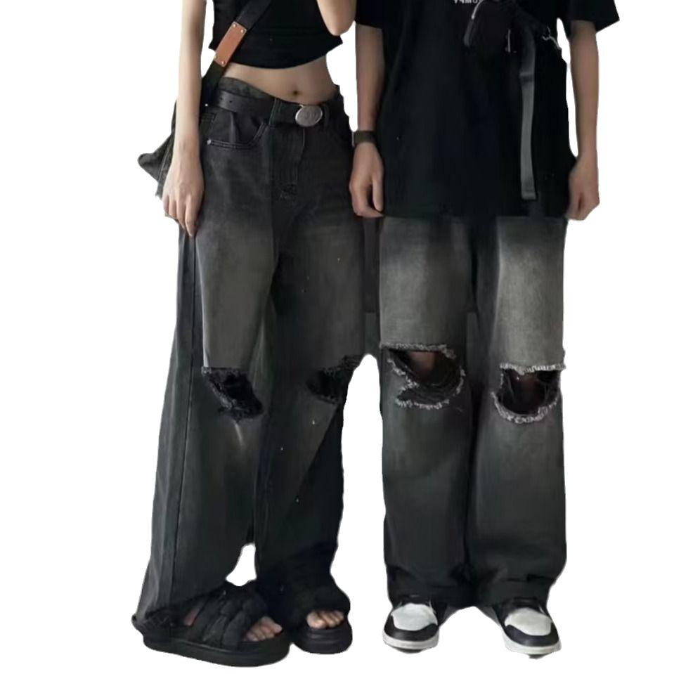2023 Unisex Black Distressed Ripped Jeans – Loose Straight Wide-Leg Pants Trendy Brand