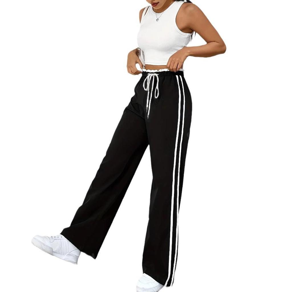 New EU & US Style Black Elastic Waist Straight-Leg Sports Pants - Women's Autumn/Winter Casual Trousers