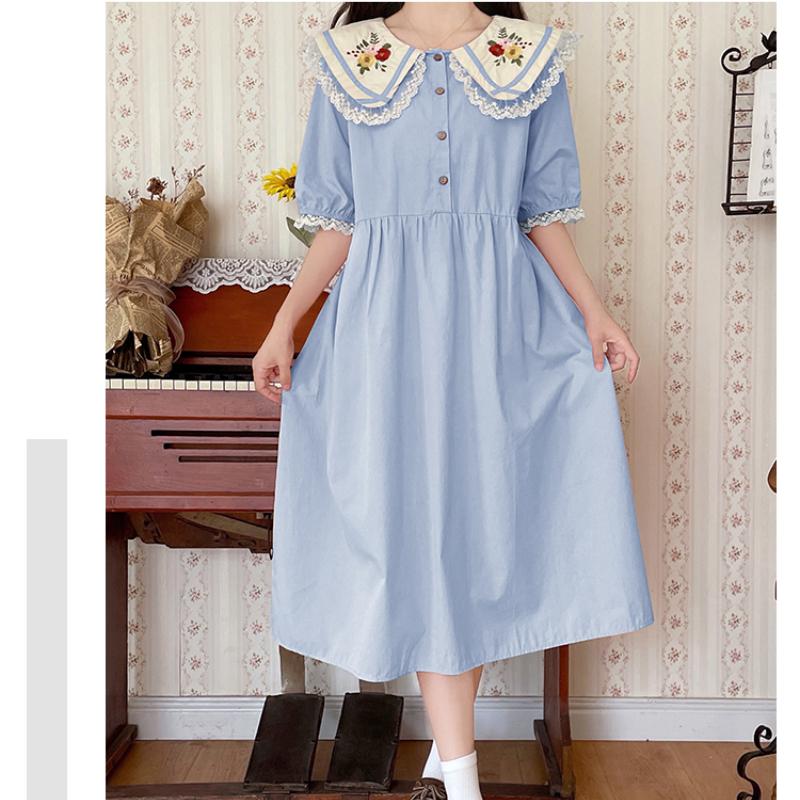 Японское летнее женское милое платье Mori Girl с воротником Питера Пэна, розовое, синее платье с цветочной вышивкой, милые платья Kawaii с кружевными оборками