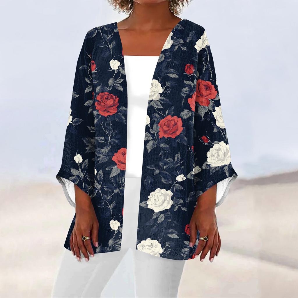 Women's Casual And Fashionable Printed Lightweight Mid Length Jacket Cardigan Cardigan