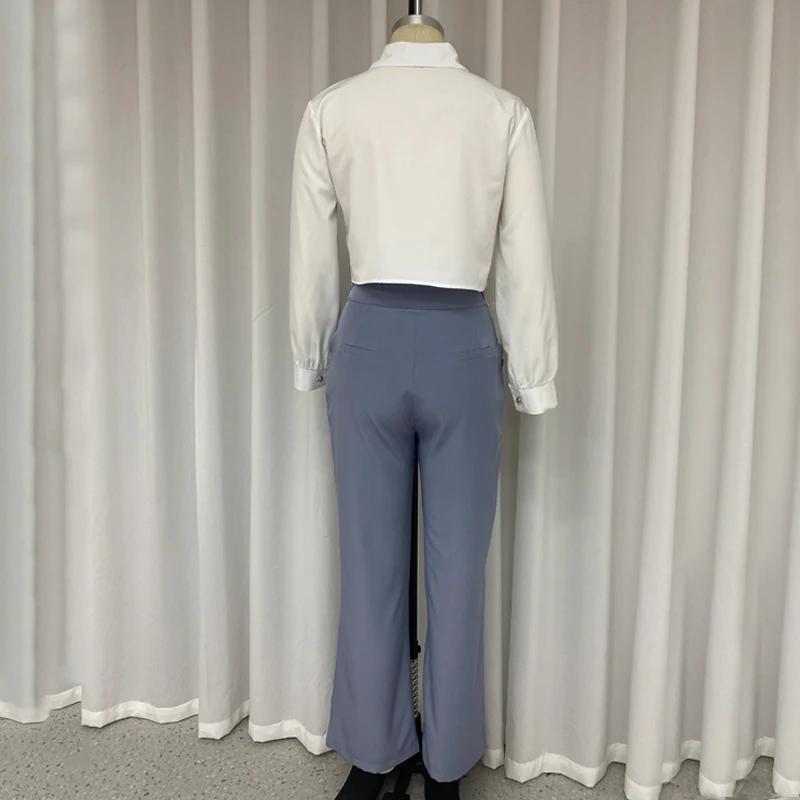 Женский комплект из двух предметов, осенний офисный простой однотонный однобортный комплект с длинными рукавами-фонариками, рубашка на пуговицах, топ, свободные брюки, новинка 2024 года