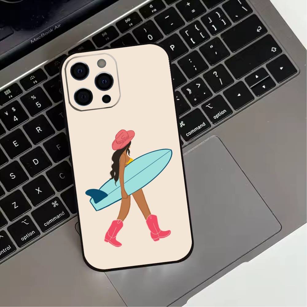 Surfboard Surfing Art Surf Girl Phone Case For iPhone 17,16,15,14,13,12,11 Plus,Pro Max,XS,Soft Silicone Black Cover