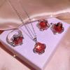 Brilliant Jewelry Three Piece Set for Women Fashion Red Zircon Jewelry Adjustable Ring Clover Shape Earring Necklace Jewelry Set