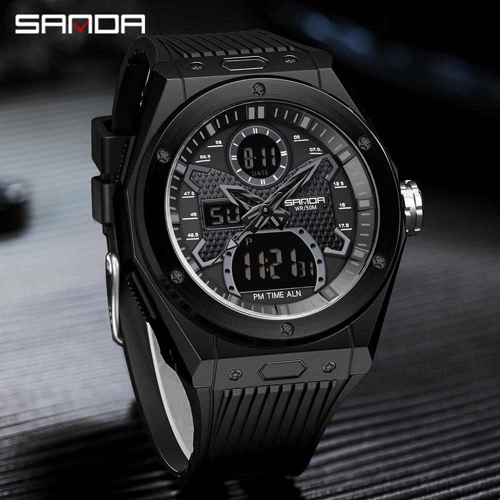 SANDA Watch Men Military Sport Quartz Digital LED Wristwatch Top Brand Luxury Stopwatch Waterproof Male Electronic Clock 3138