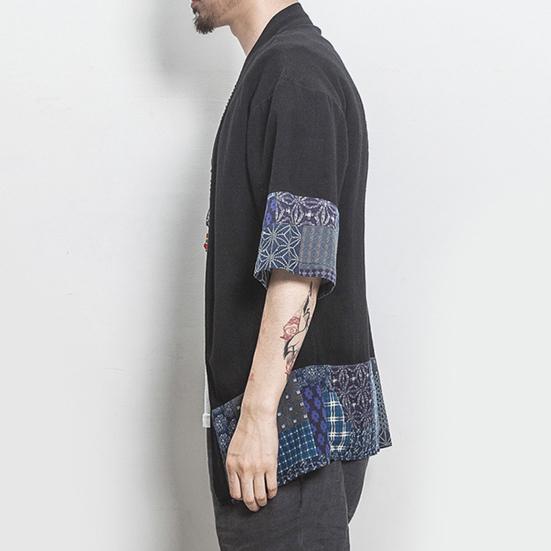 Мужской лоскутный кардиган с ретро-принтом, пальто, пончо с рукавами 3/4 и открытой передней частью, верхняя одежда, тонкий кардиган Hanfu