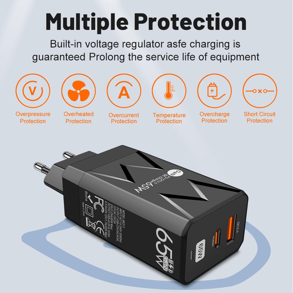 PD Fast Charging 65W GaN Type C QC 3.0 Quick Charger Wall Adapter For iPhone iPad Xiaomi Samsung EU/US/KR Plug