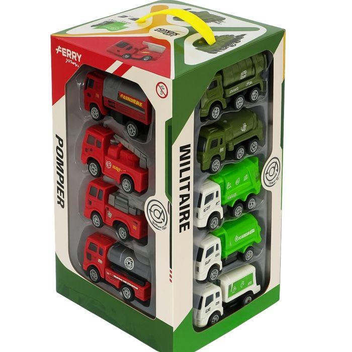 Set of 16 Friction Trucks, Military, Construction, Firefighter and Cleaning Service Vehicles, Toy for Children from 3 Years Old