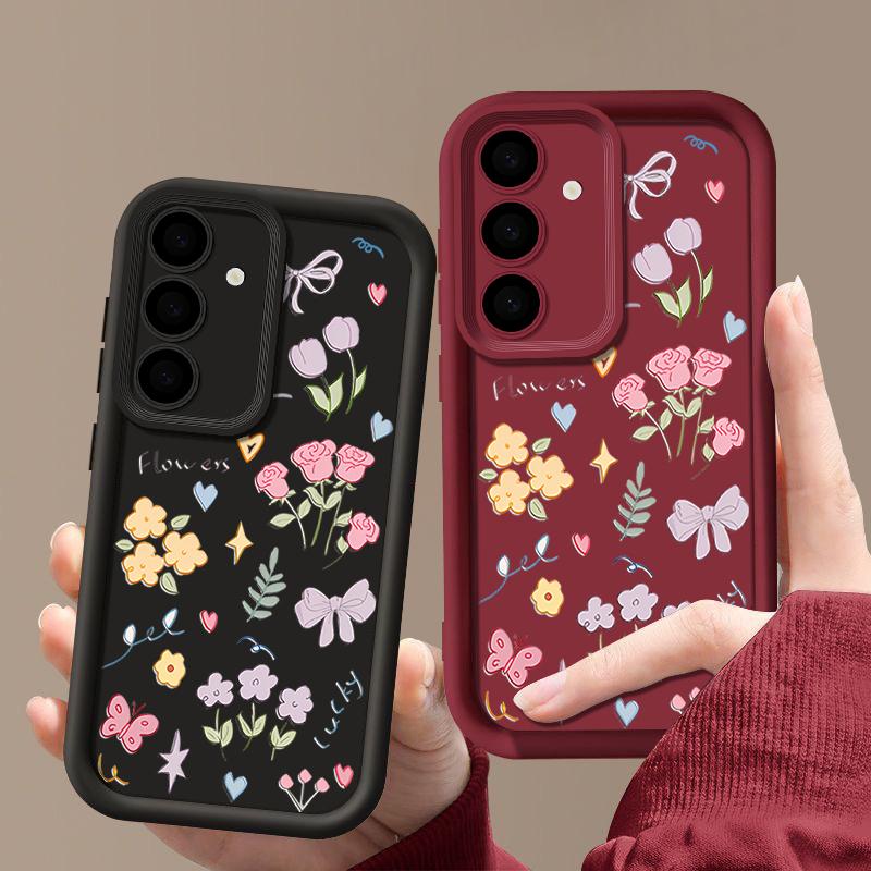 Cartoon Floral Print TPU Shockproof Matte Case For Samsung S25 Ultra S24 FE S23 Plus A56 A36 A16 A15 A55 A06 Soft Silicone Lens Protection Phone Cover