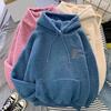 Women Fleece Hoodie Warm Winter Loose Pullover Long Sleeves Thick Letter Embroidery Top Elastic Cuff Drawstring Patch Pocket Fall Fashion