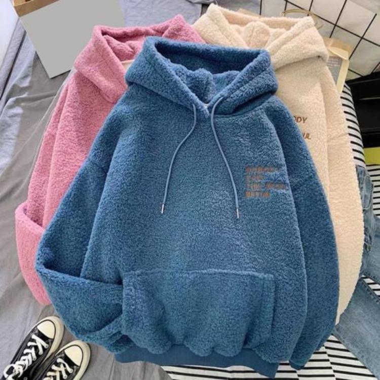 Women Fleece Hoodie Warm Winter Loose Pullover Long Sleeves Thick Letter Embroidery Top Elastic Cuff Drawstring Patch Pocket Fall Fashion