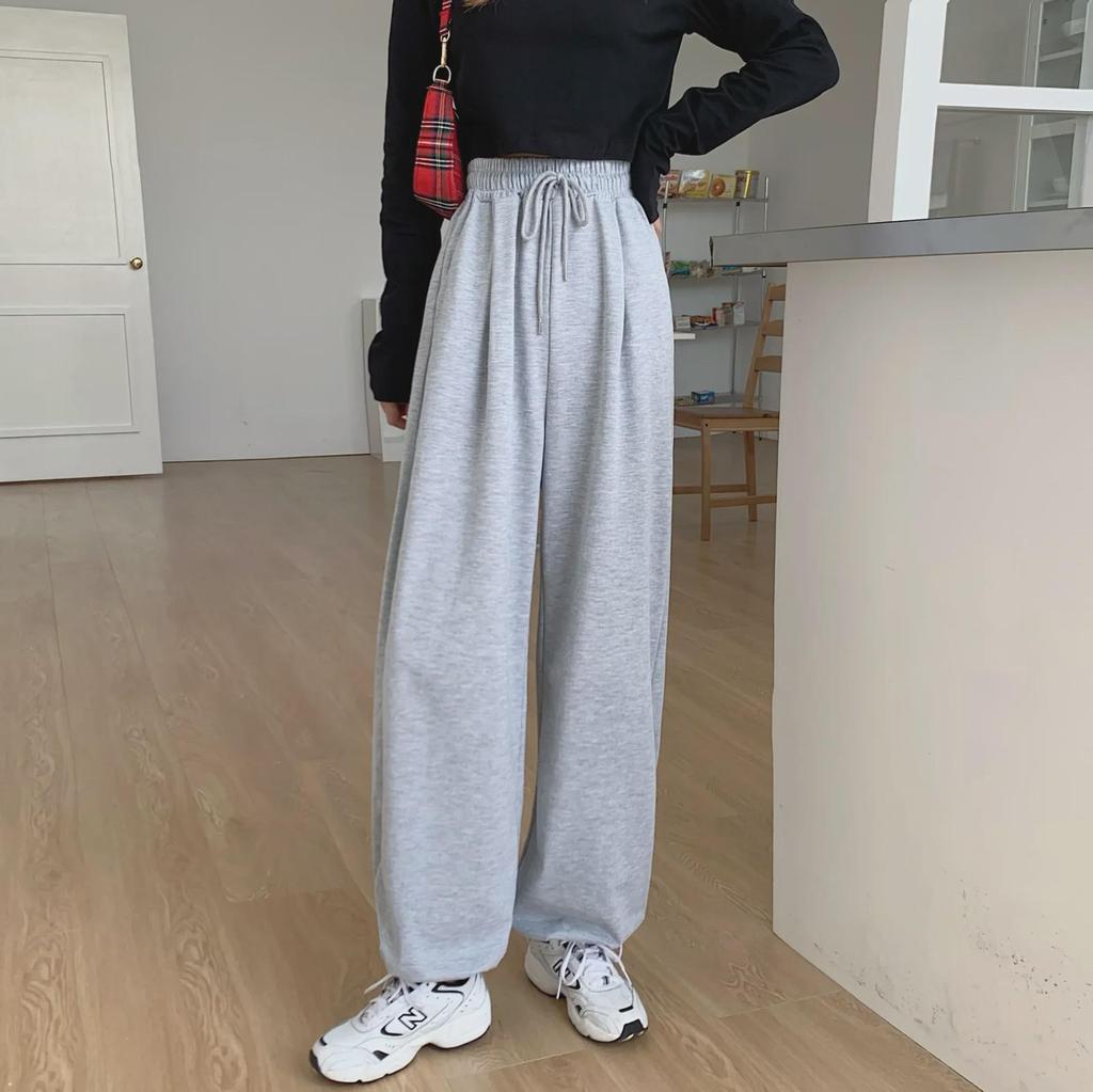 Women's Gray Wide-Leg High Waist Sports Pants with Loose Cuffs - Slimming and Versatile for Autumn/Winter