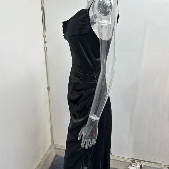 Женское вечернее платье с глубоким вырезом и V-образным вырезом без рукавов на тонких бретельках Атласная плиссе с высоким разрезом Сплошной цвет Узкая талия Slim Fit Полная длина Летний выпускной вечер