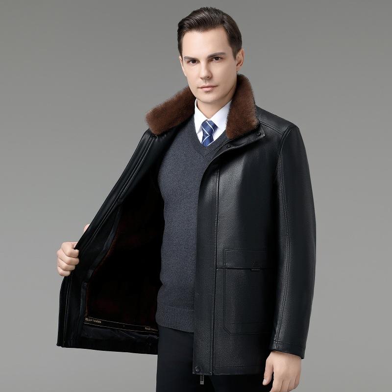 Зимнее мужское пальто из натуральной кожи и меха из утолщенного бархата для пап среднего и пожилого возраста, съемная овчина