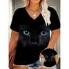 Женская футболка с V-образным вырезом и принтом черного кота 3D, повседневный топ с коротким рукавом и принтом кота