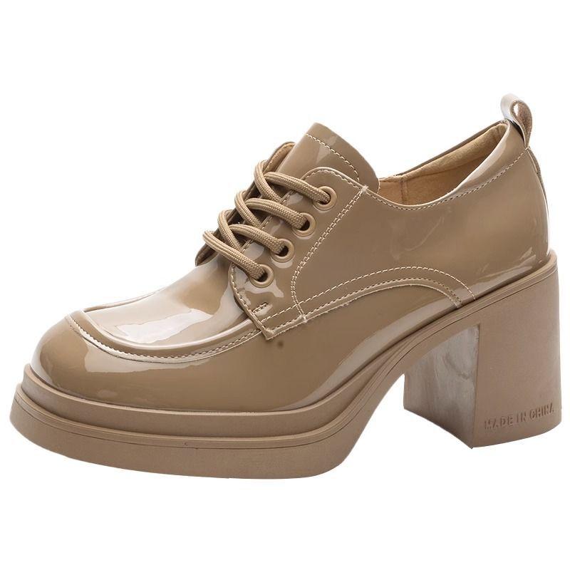 Британские кожаные туфли женские новые осенние модные универсальные туфли-лодочки на толстом каблуке из лакированной кожи водонепроницаемые туфли на платформе высокие каблуки абрикосового цвета