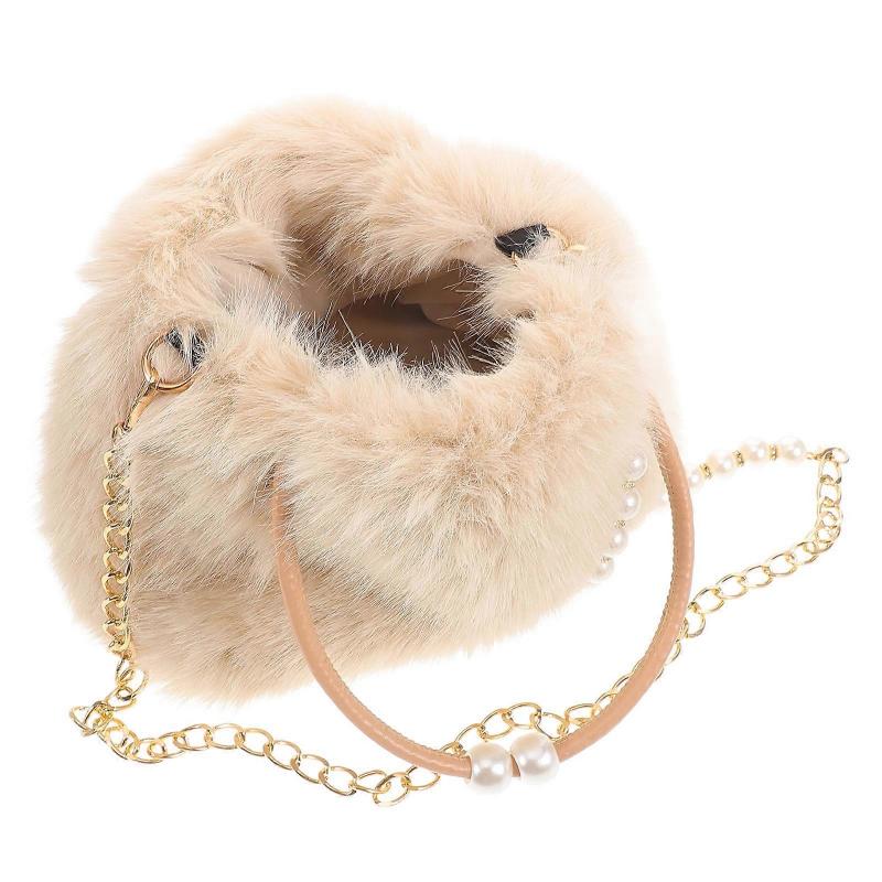Plush Fluffy Tote Bag for Women with Pearl Chain, Large Capacity Elegant Shoulder Handbag for Winter, Versatile Crossbody Purse