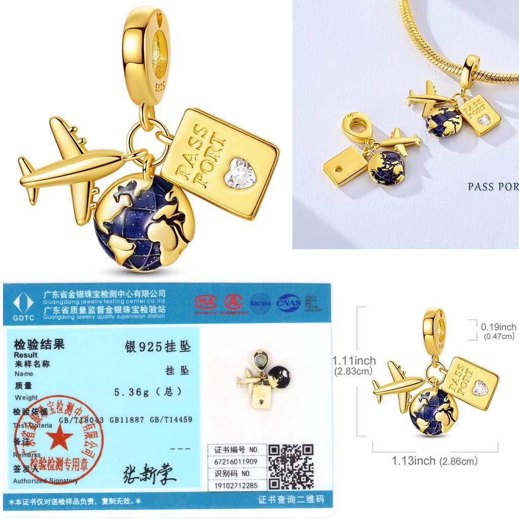 925 Silver Golden Series Charms Bead with CZ Zircon Whale Butterfly Sun Pendant for DIY Fashion Jewelry Bracelet