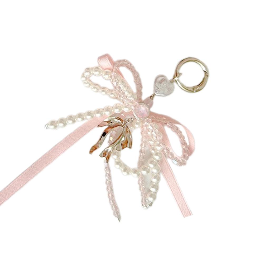 Elegant White Bowknot Keychain With Pearls Accent Sweet Charm Backpack Rings Handmade Jewelry Bag Pendant Gift for Women