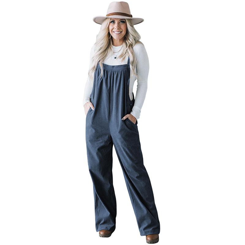 Autumn Solid Color Multi-pocket Overalls Women's European and American Simple and Versatile Corduroy Jumpsuit Women