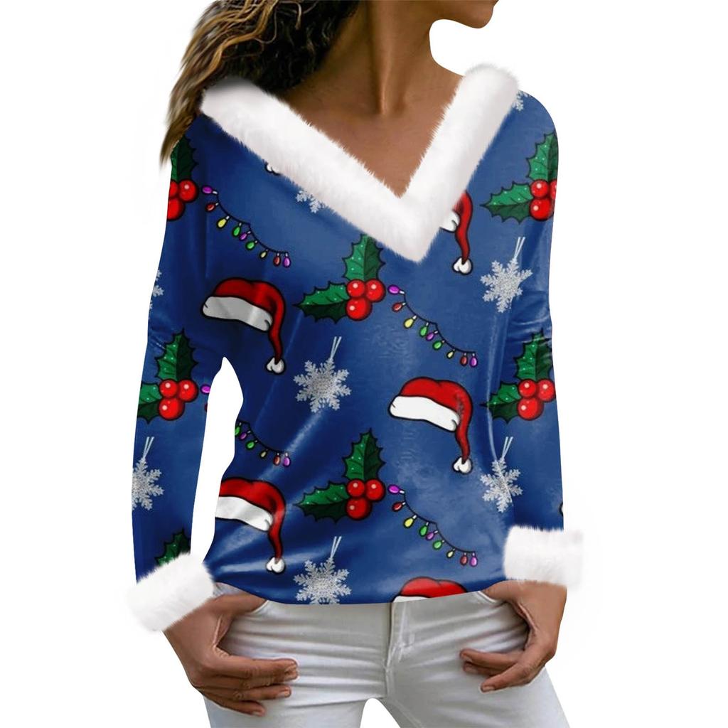 Женская футболка с рождественским принтом, футболка с длинным рукавом, флисовый воротник, топ с V-образным вырезом