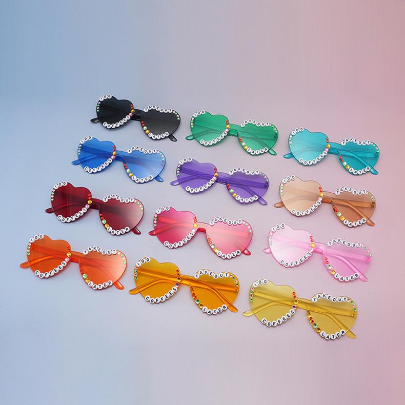 Letter peach heart frameless sunglasses adult integrated diamond-encrusted glasses jelly love sunglasses