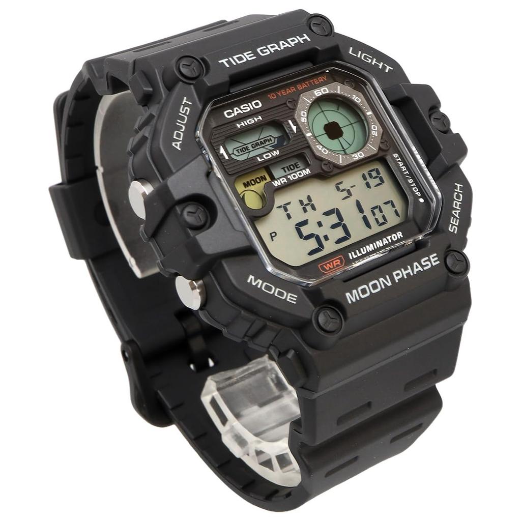 Casio Цифровые часы с графиком приливов и отливов и данными о фазах Луны, зарубежная модель, мужской дисплей, черный, WS-1700H-1AV, [Б/У]