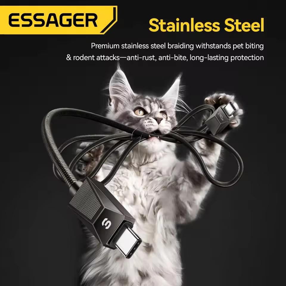 Essager Кабель Type-C 240 Вт для сверхбыстрой зарядки 100 Вт для быстрой зарядки Кабель для передачи данных из нержавеющей стали 5 А для Macbook iPad iPone 16 15 Pro Max