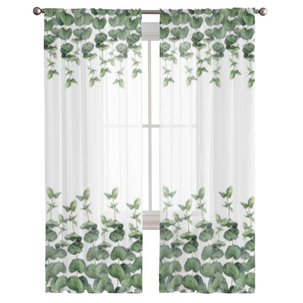 Акварель с ветвями эвкалипта Прозрачная занавеска для гостиной Современная вуаль Тюль Оконные занавески для спальни Кухонные шторы