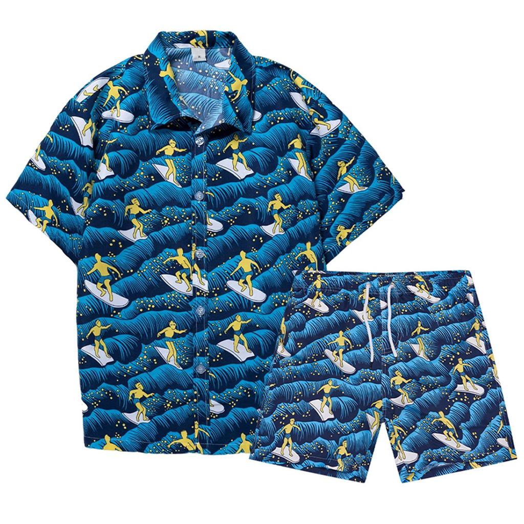 Мужская рубашка с цветочным принтом, гавайские комплекты, повседневная рубашка на пуговицах с коротким рукавом