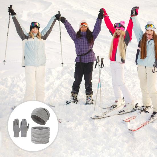 Yousheng 3 Pcs/Set Unisex Winter Hat Scarf Gloves Set Thick Knitted Ear Protection Cap Gloves Stretchy Windproof Winter Outdoor Cycling Dome Beanie