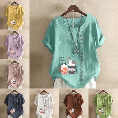 Женская модная футболка с короткими рукавами и принтом милого кота, свободная хлопковая рубашка, повседневная свободная летняя блузка, топы больших размеров