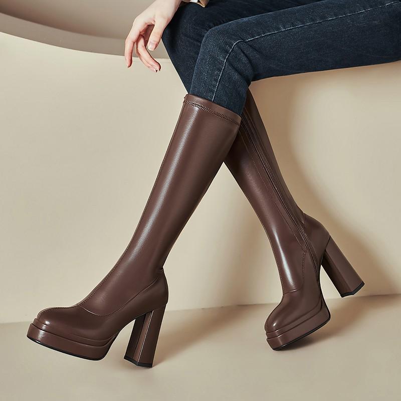 Высокие ботинки Осень Новые Круглый носок Боковая молния Платформа Нескользящие Износостойкие Квадратный каблук Высокий каблук Ботинки