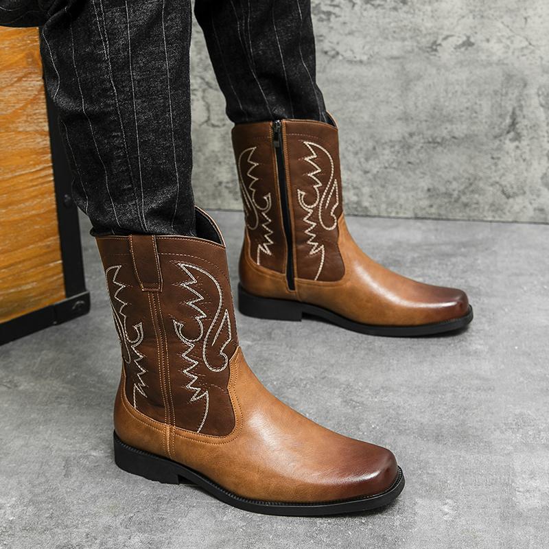High Quality Embroidery Leather Boots Men Classic High Top British Men's Boots Motorcycle Shoes Men Ankle Western Cowboy Boots Male