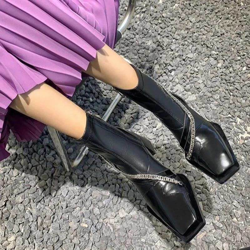 Designer Vintage Chelsea Boots Women Thick High Square Toe Zipper Autumn Winter Ladies Slim Short Booties
