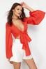 Women's Fashion New Blouse Red Crop Woven Blouse