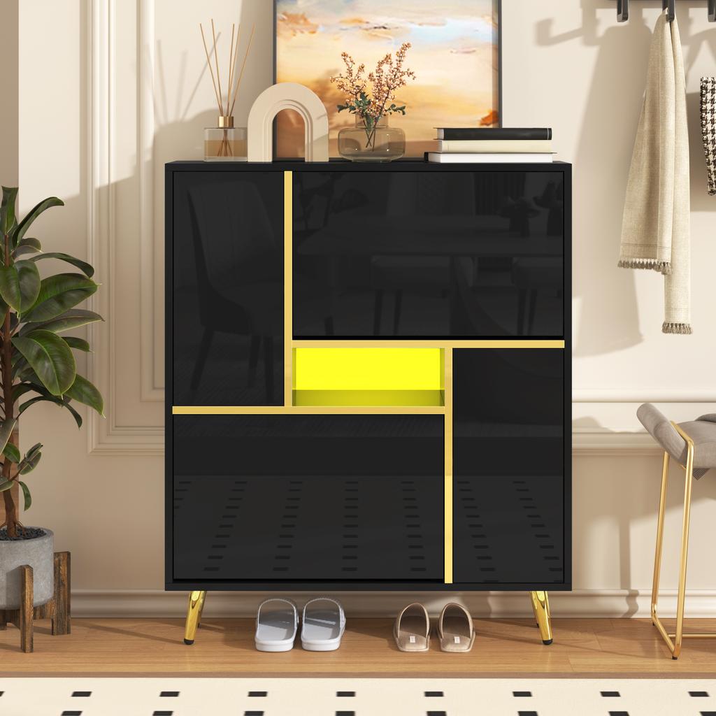 Modern Shoe Cabinet, Black Shoe Cabinet with High-Gloss Front and 16-Color LED Light (80 x 25 x 96 cm)