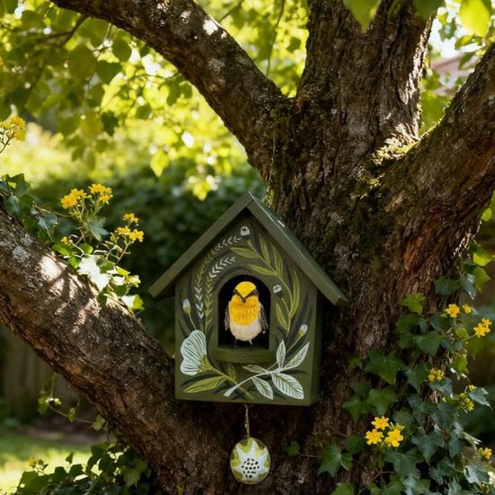 Whimsical Kinetic Art Birdhouse Wall Decor Handmade Wooden Decorative Wall Ornament Patchwork Garden Decoration