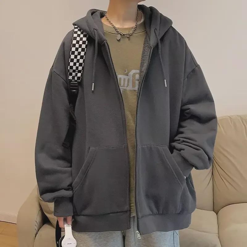 Мужской кардиган с капюшоном на молнии в корейском стиле — модная однотонная толстовка свободного кроя для осени и зимы