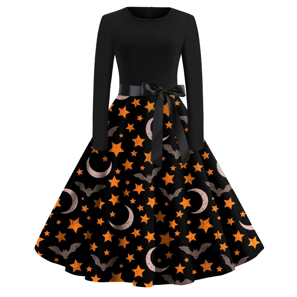 Halloween Print Flare Dress For Women Long Sleeve Dress Hollow Party Casual Dresses