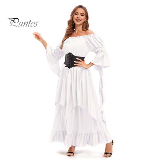 Платье на Хэллоуин Винтажное ренессансное средневековое викторианское пиратское платье Бальное платье для выпускного вечера с открытыми плечами и рукавами-колокольчиками с рюшами и плиссировкой Нерегулярный подол Макси-платье