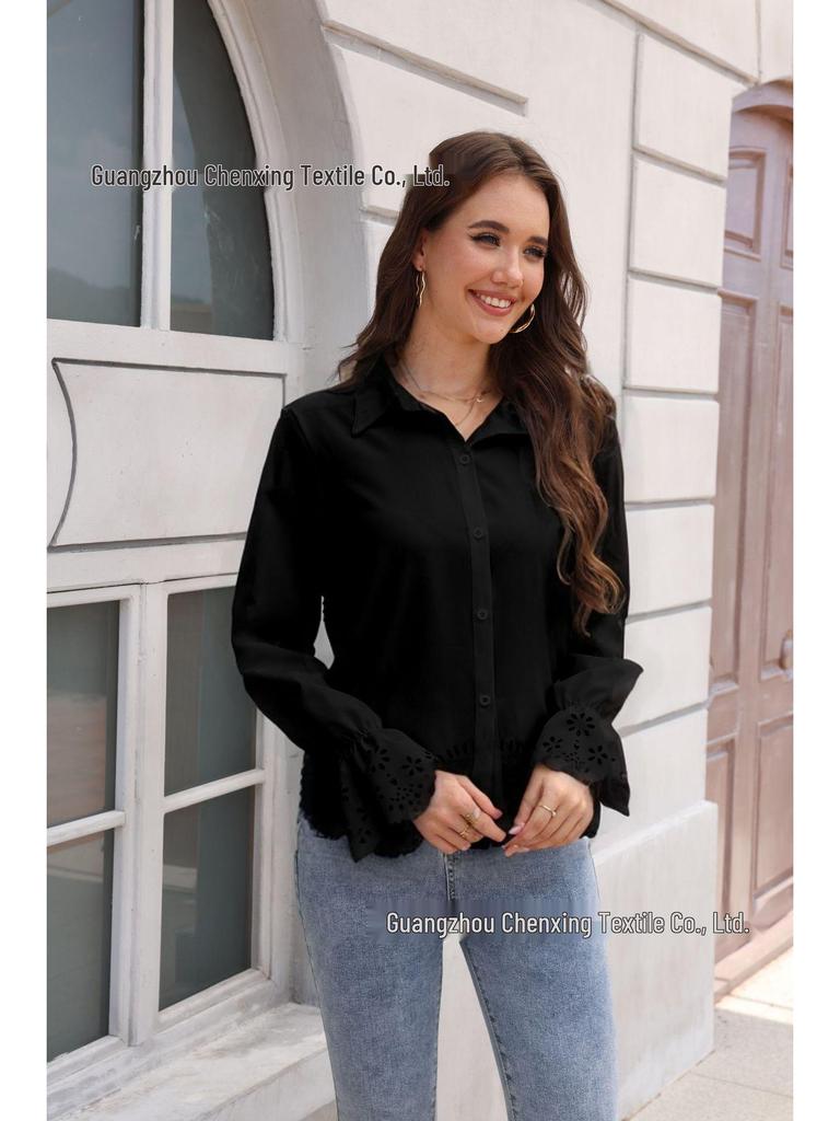 Женская элегантная блузка с длинными рукавами и ажурной отделкой