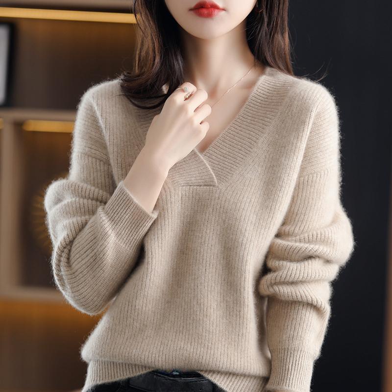 Autumn Winter Casual Elegant V-neck Women's Sweater Solid Fashion Long Sleeve Knitted Pullover Sweaters Women Warm Loose Lady Knitwears Clothing 31073