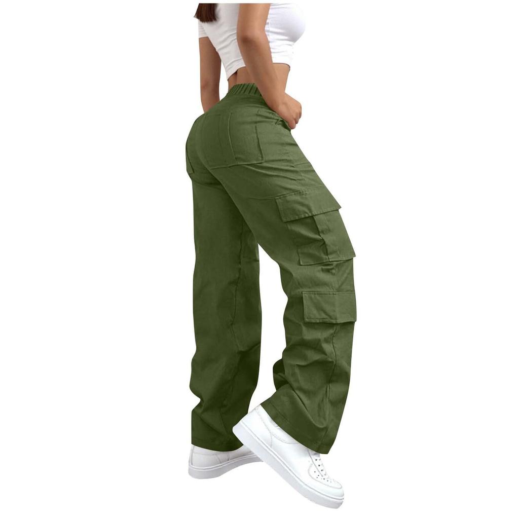 Womens Elastic High Waisted Cargo Pants Stretch Casual Wide Leg Streetwear Parachute Hiking Pants With Pockets