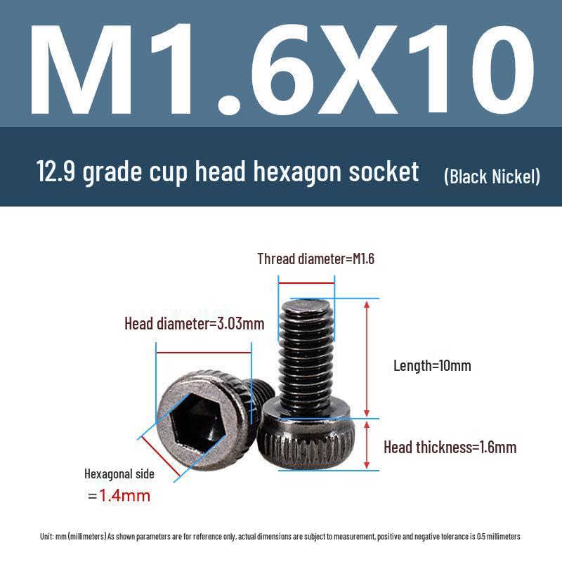 Yigu High-Strength Black Nickel Hex Socket Screw, M1.6-M4, Knurled Cup Head Bolt, 12.9 Grade.