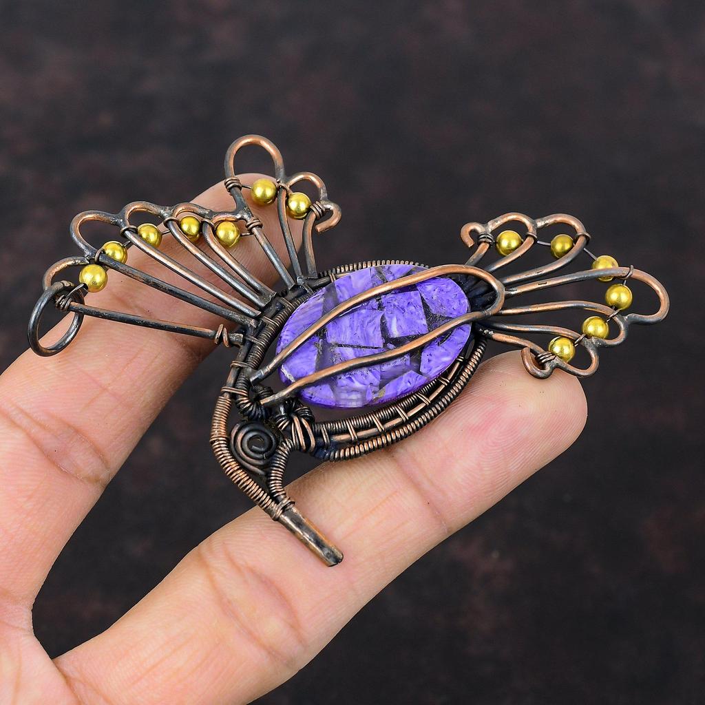 Медный кулон с чароитом Кулон, обернутый медной проволокой Украшения из натуральных драгоценных камней Кулон в виде птицы Кулон ручной работы Украшения из медной проволоки Свадебный подарок