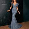 Women Evening Dress Shimmering Sequin Short Bubble Sleeves V Neck Slim Fit Floor Length Big Bow At Back Mid Waist Cocktail Party Wedding Banquet Maxi