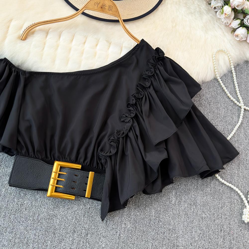 Шикарная блузка Blusas De Mujer с косым воротником и воланами, нерегулярная блузка Ins для женщин, однотонная, со складками на поясе, Camisas, летняя дропшиппинг