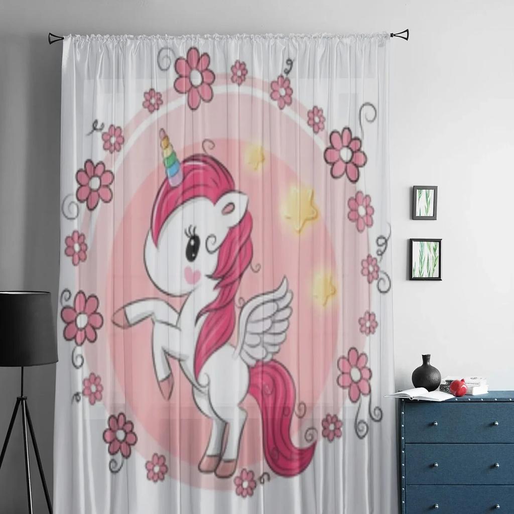Милый мультяшный единорог с цветами, прозрачные шторы для гостиной, детская спальня, тюлевые шторы, кухонные шторы для окон
