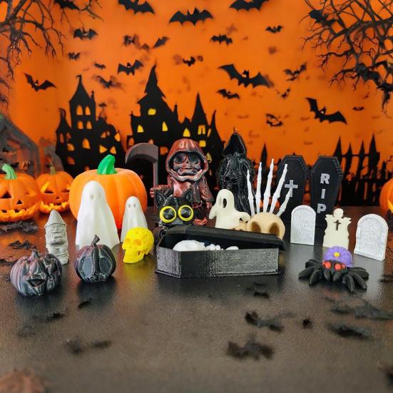 20 Pcs/Set Halloween Miniatures Mini Grim Reaper Skull Figurines Miniature Casket Pumpkin Ornaments for Home Desktop Decoration
