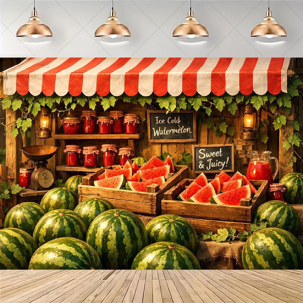 Red and white striped backdrop and canopy for watermelon stand, fresh fruit banner, summer party decoration, food1665